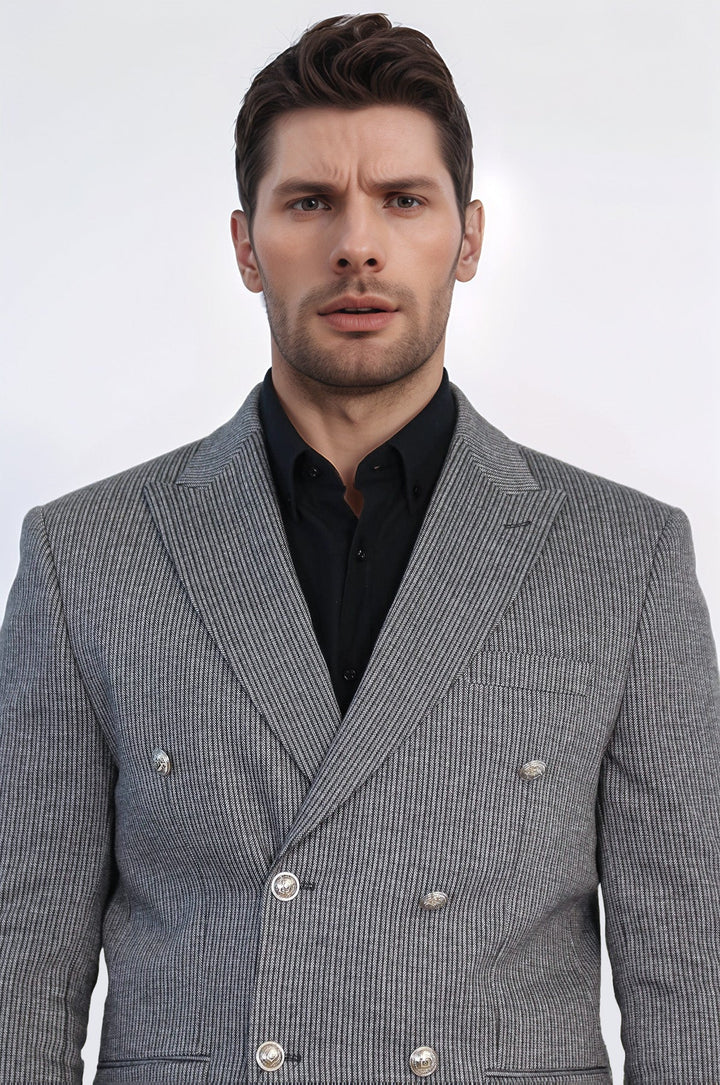 WSS Anthracite Pinstriped Slim Fit Double-Breasted Blazer with Silver Metal Buttons –  - San Luis Potosí