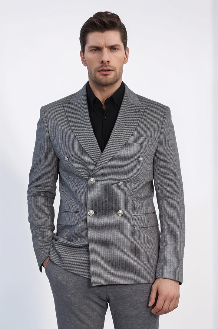 WSS Anthracite Pinstriped Slim Fit Double-Breasted Blazer with Silver Metal Buttons –  - San Luis Potosí