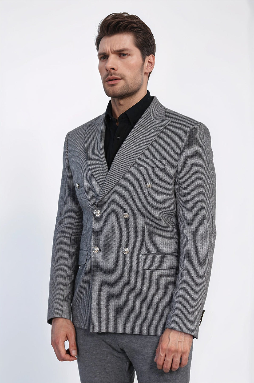 WSS Anthracite Pinstriped Slim Fit Double-Breasted Blazer with Silver Metal Buttons –  - San Luis Potosí
