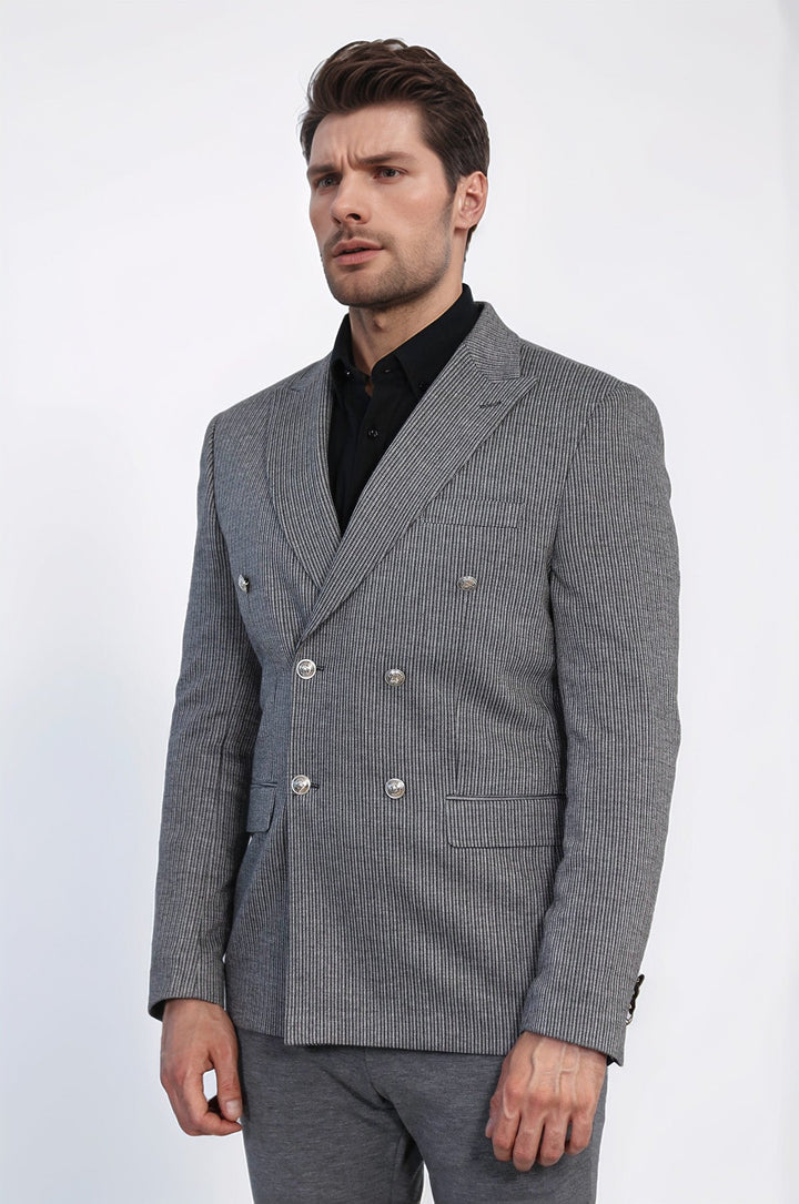 WSS Anthracite Pinstriped Slim Fit Double-Breasted Blazer with Silver Metal Buttons –  - San Luis Potosí