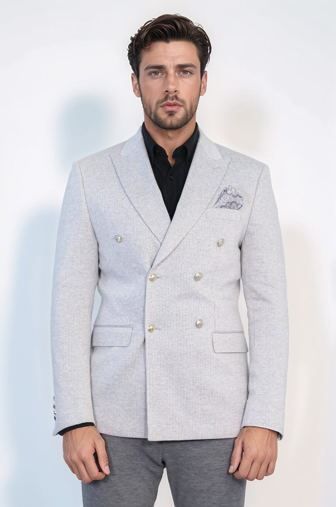WSS Gray Pinstriped Slim Fit Double-Breasted Blazer with Silver Metal Buttons –  - Arlington Heights