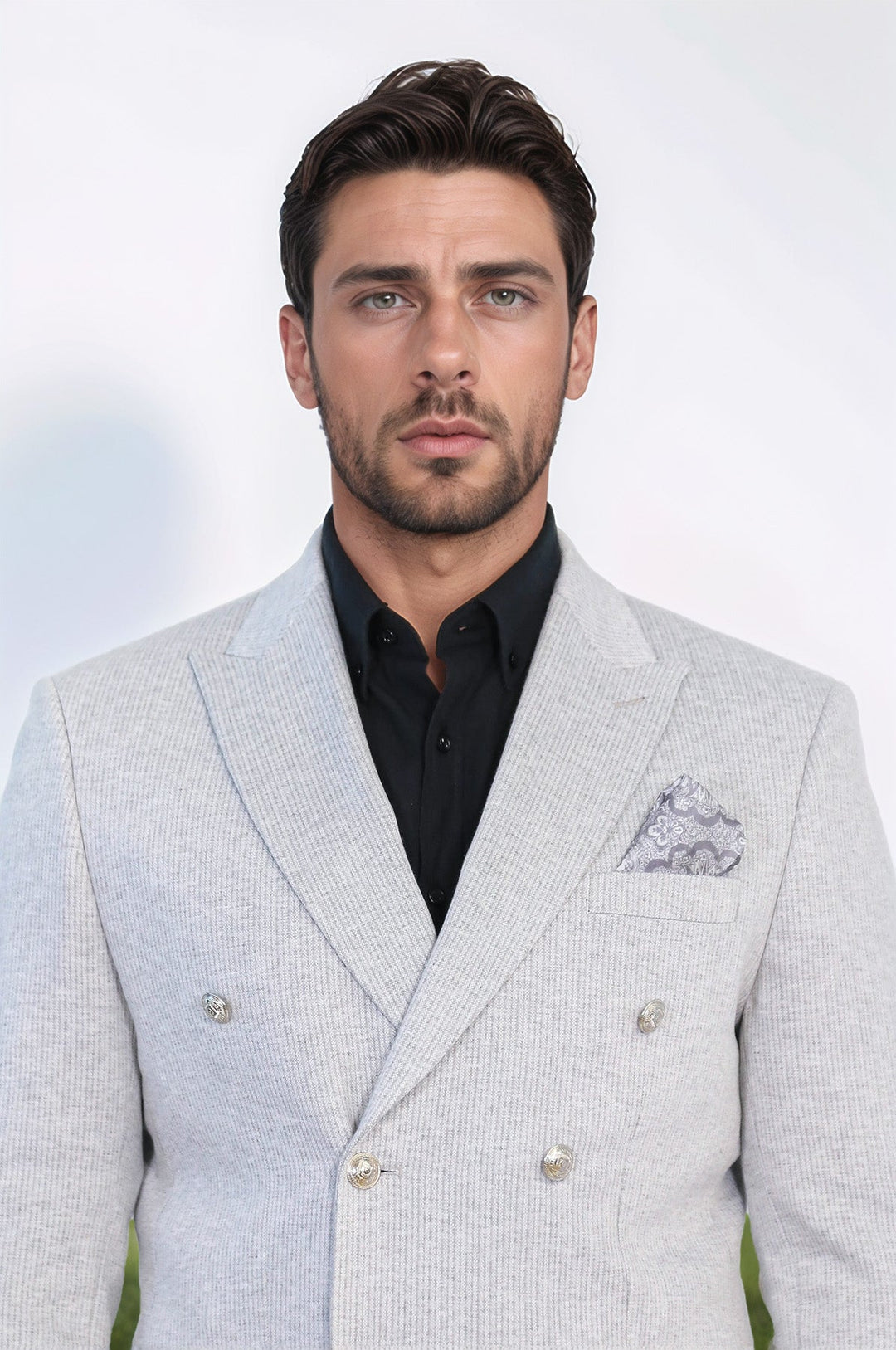WSS Gray Pinstriped Slim Fit Double-Breasted Blazer with Silver Metal Buttons –  - Arlington Heights