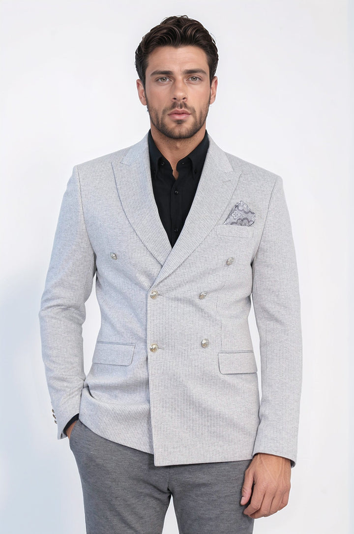 WSS Gray Pinstriped Slim Fit Double-Breasted Blazer with Silver Metal Buttons –  - Arlington Heights