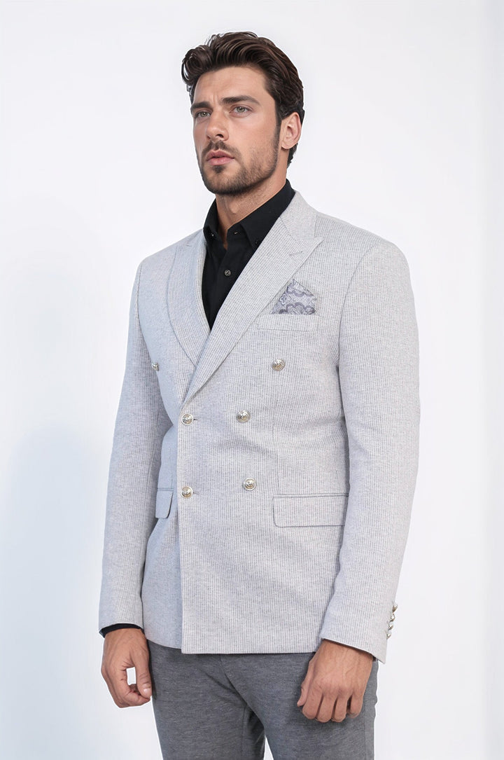 WSS Gray Pinstriped Slim Fit Double-Breasted Blazer with Silver Metal Buttons –  - Arlington Heights