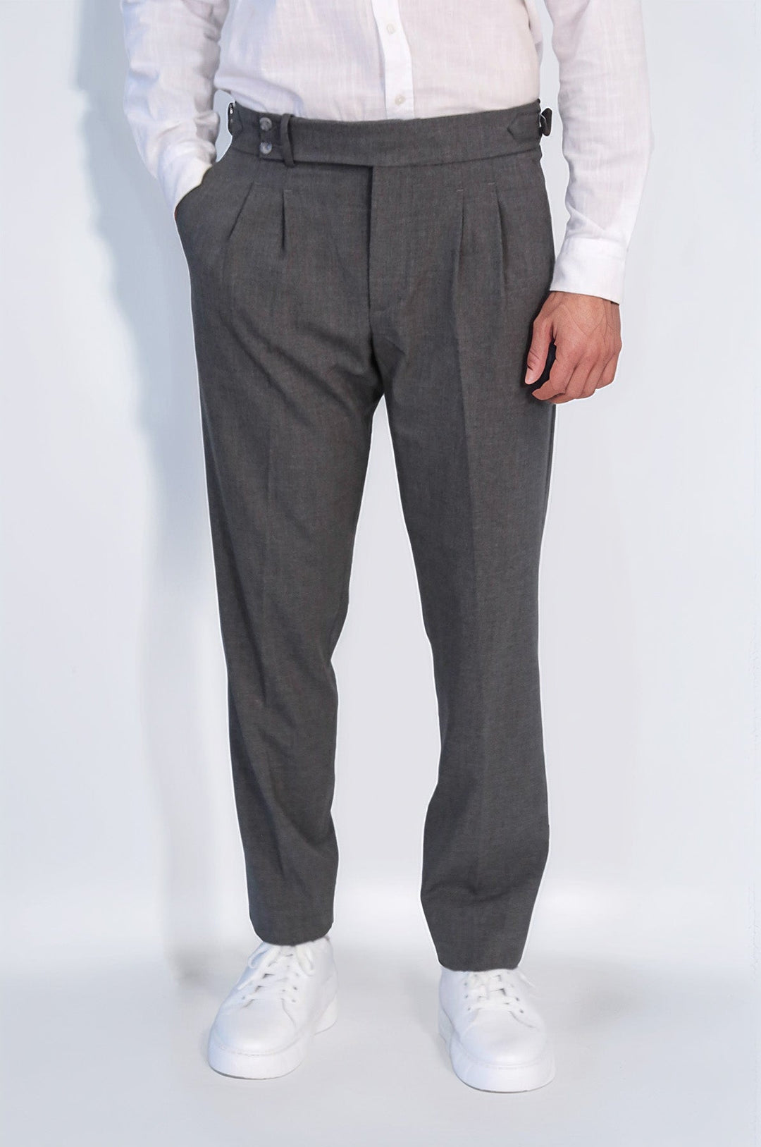 WSS Anthracite Double Pleated Buckled High Waist Slim Fit Trousers  - Lakewood