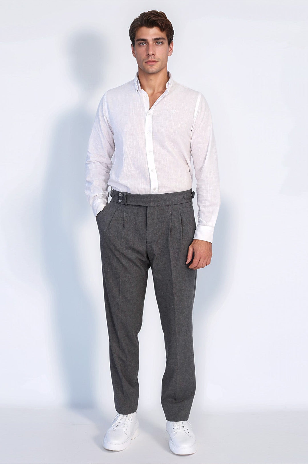 WSS Anthracite Double Pleated Buckled High Waist Slim Fit Trousers  - Lakewood