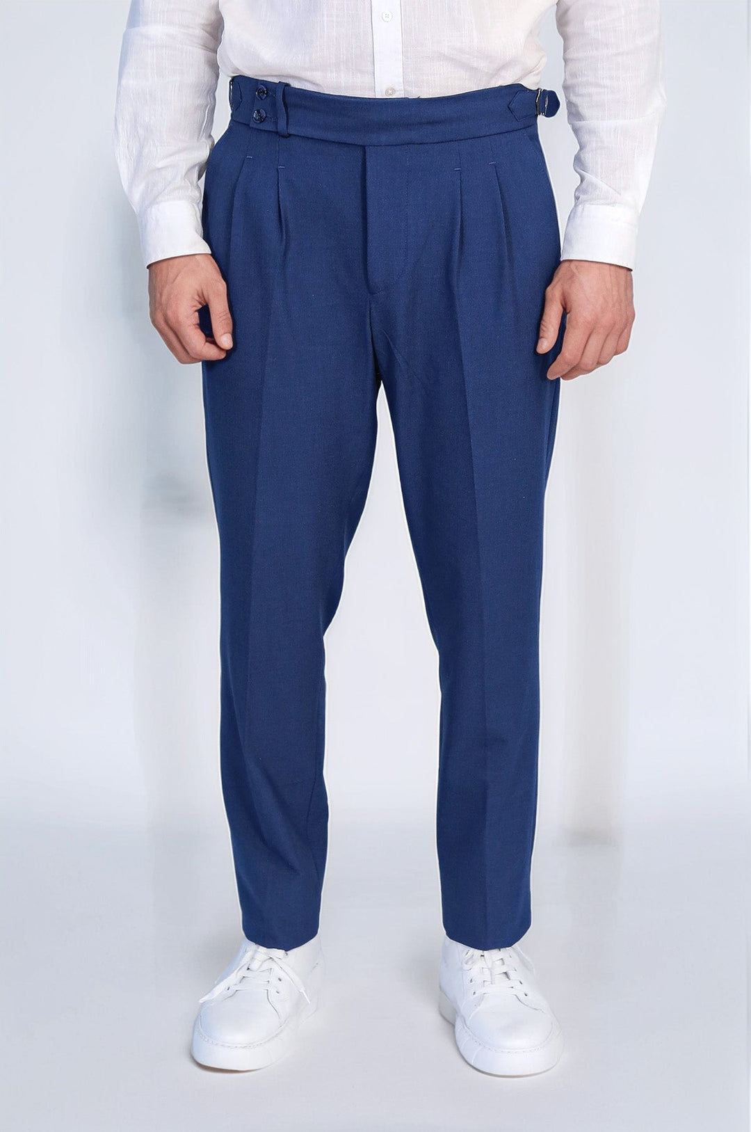 WSS Saks Blue Double Pleated Buckled High Waist Slim Fit Trousers  - Abrantes