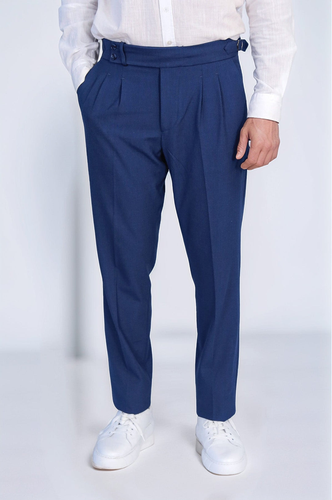 WSS Saks Blue Double Pleated Buckled High Waist Slim Fit Trousers  - Abrantes