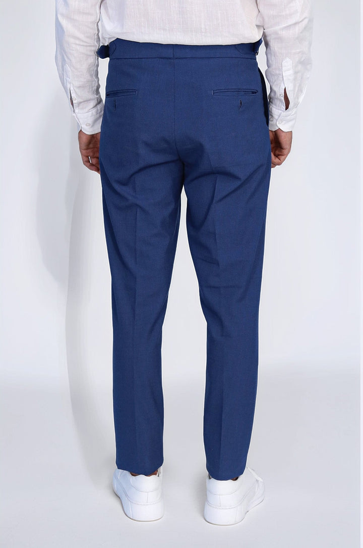 WSS Saks Blue Double Pleated Buckled High Waist Slim Fit Trousers  - Abrantes