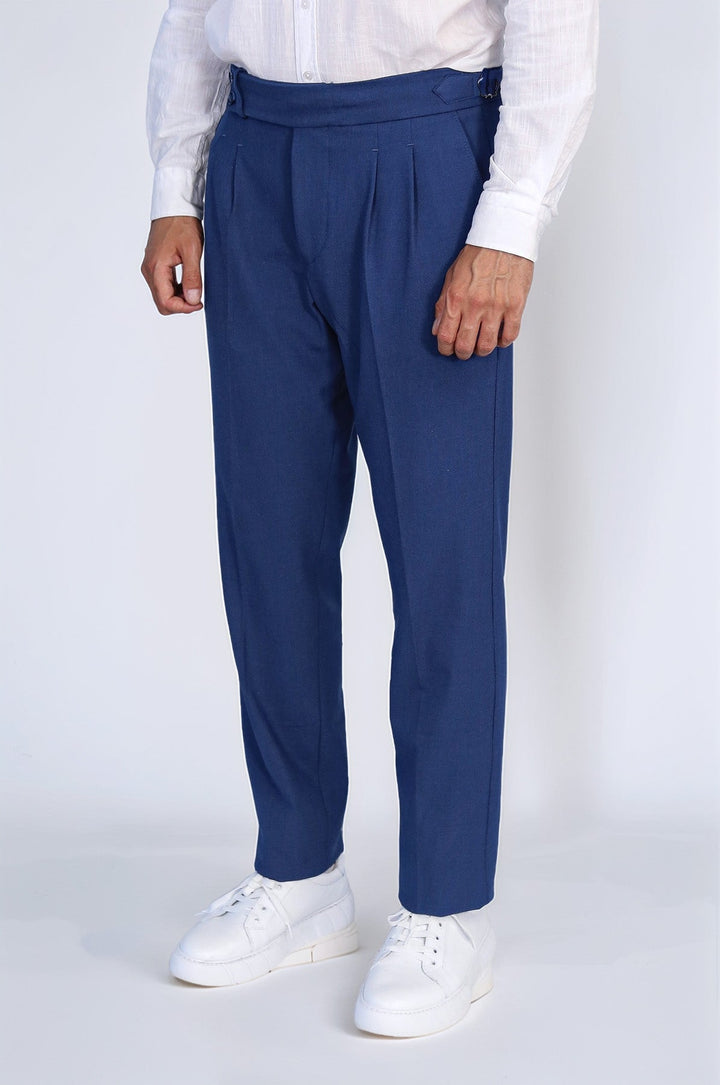 WSS Saks Blue Double Pleated Buckled High Waist Slim Fit Trousers  - Abrantes