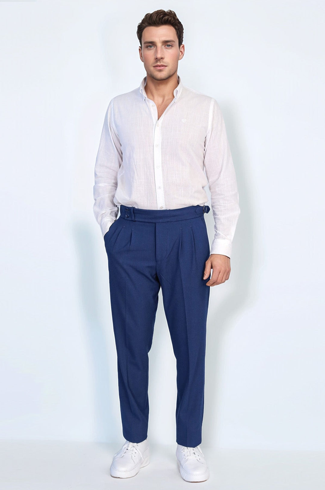 WSS Saks Blue Double Pleated Buckled High Waist Slim Fit Trousers  - Abrantes