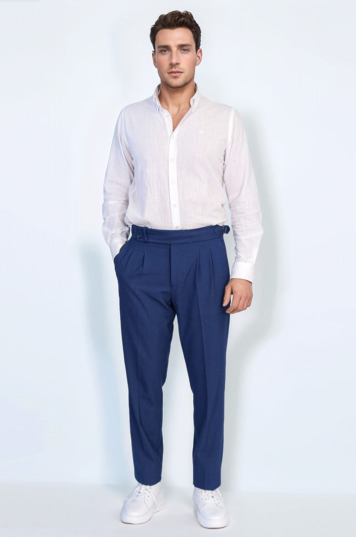 WSS Saks Blue Double Pleated Buckled High Waist Slim Fit Trousers  - Abrantes