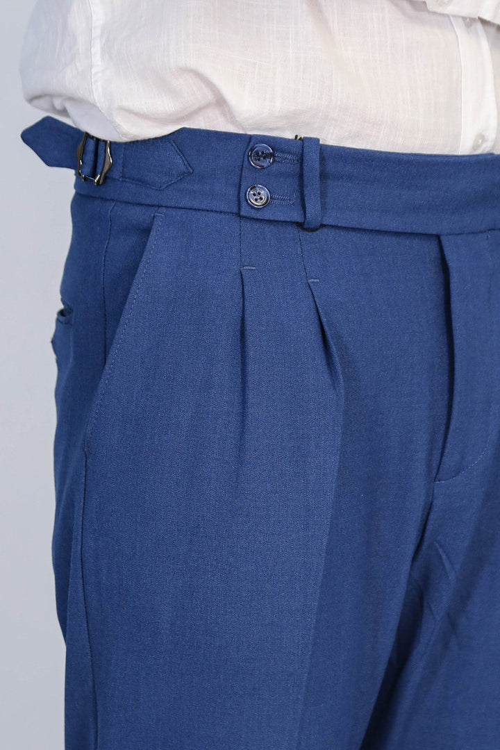 WSS Saks Blue Double Pleated Buckled High Waist Slim Fit Trousers  - Abrantes