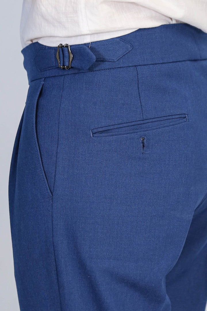 WSS Saks Blue Double Pleated Buckled High Waist Slim Fit Trousers  - Abrantes