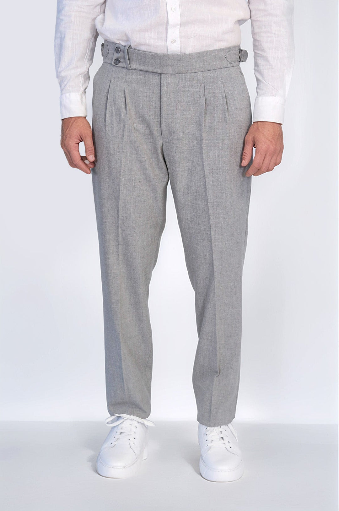 WSS Grey Double Pleated Buckled High Waist Slim Fit Trousers  - Wesley Chapel