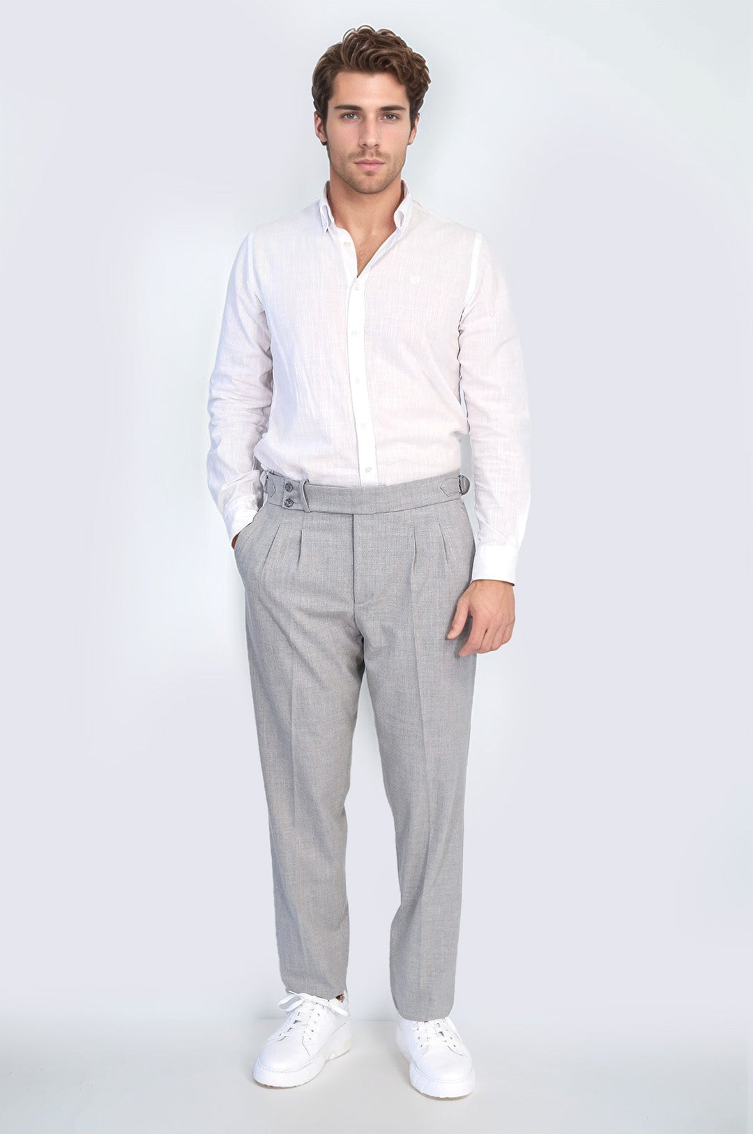 WSS Grey Double Pleated Buckled High Waist Slim Fit Trousers  - Wesley Chapel