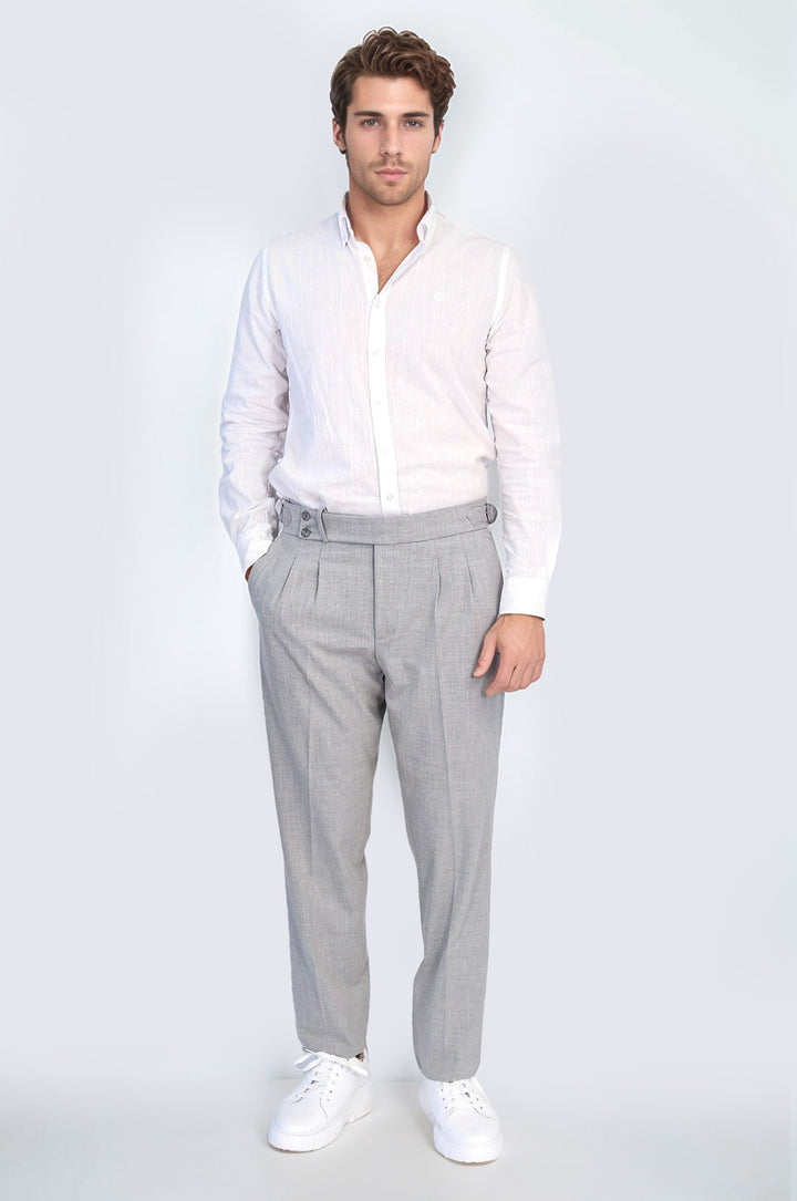 WSS Grey Double Pleated Buckled High Waist Slim Fit Trousers  - Wesley Chapel