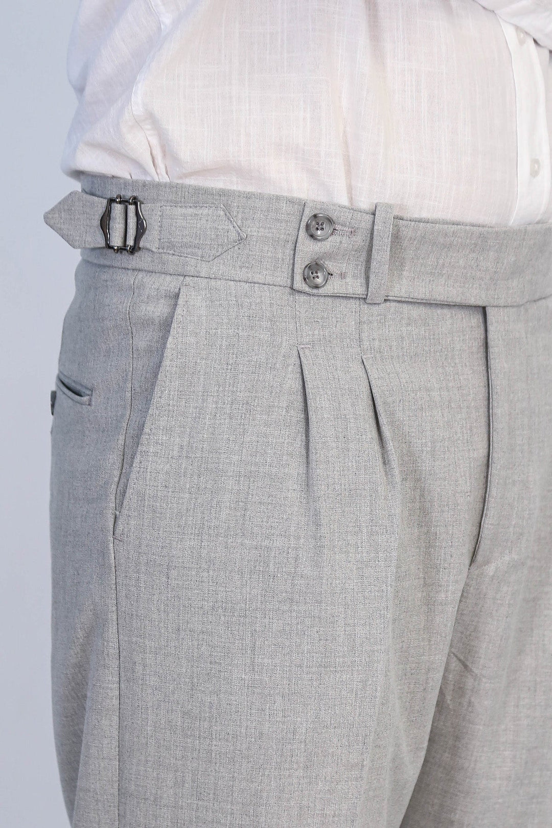 WSS Grey Double Pleated Buckled High Waist Slim Fit Trousers  - Wesley Chapel
