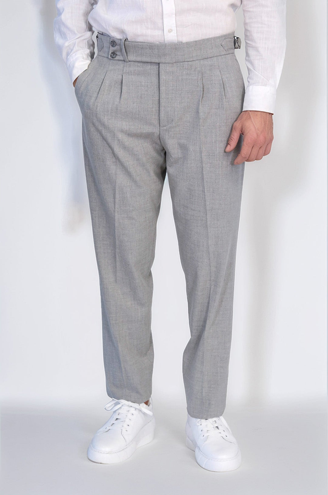 WSS Grey Double Pleated Buckled High Waist Slim Fit Trousers  - Wesley Chapel