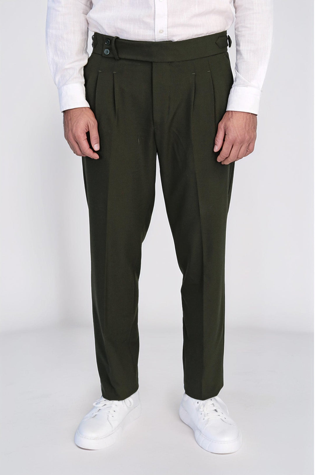 WSS Khaki Double Pleated Buckled High Waist Slim Fit Trousers  - Concord