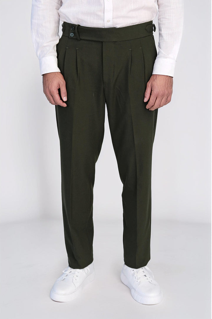WSS Khaki Double Pleated Buckled High Waist Slim Fit Trousers  - Concord