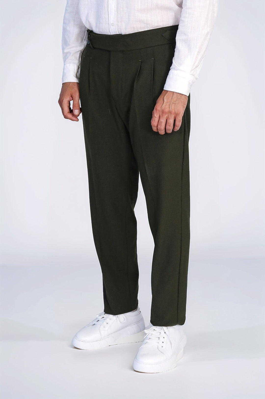 WSS Khaki Double Pleated Buckled High Waist Slim Fit Trousers  - Concord