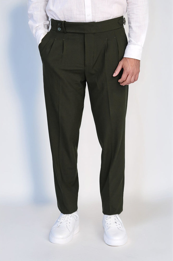 WSS Khaki Double Pleated Buckled High Waist Slim Fit Trousers  - Concord