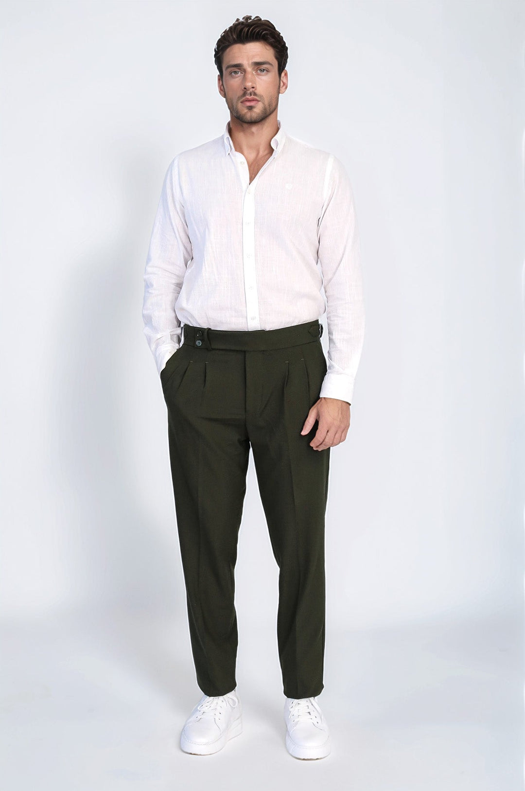 WSS Khaki Double Pleated Buckled High Waist Slim Fit Trousers  - Concord