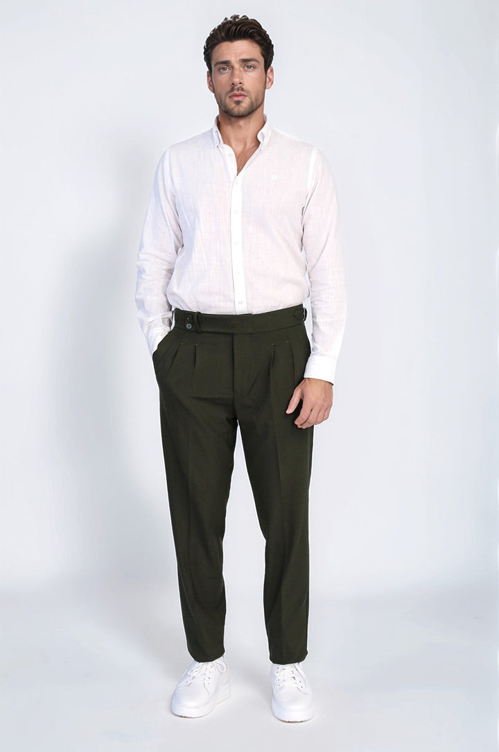 WSS Khaki Double Pleated Buckled High Waist Slim Fit Trousers  - Concord