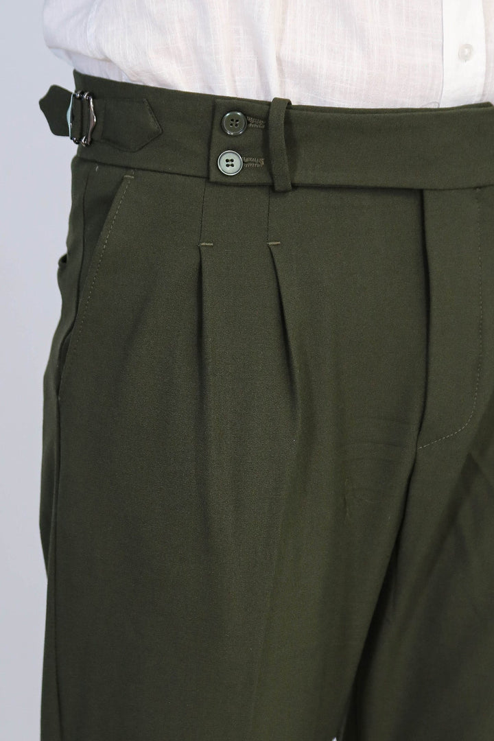 WSS Khaki Double Pleated Buckled High Waist Slim Fit Trousers  - Concord