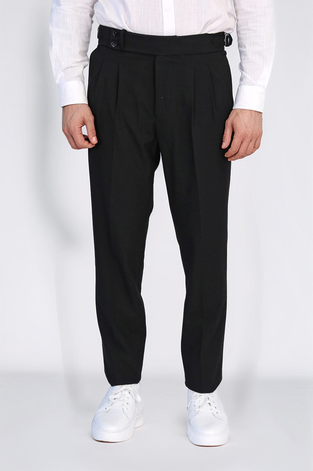 WSS Black Double Pleated Buckled High Waist Slim Fit Trousers  - Pervomaisk