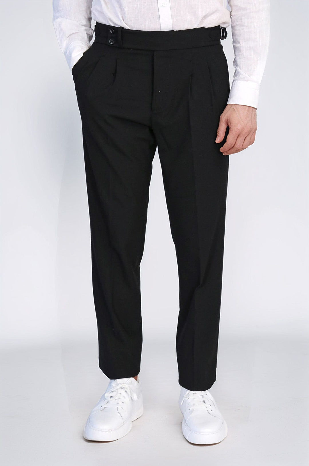 WSS Black Double Pleated Buckled High Waist Slim Fit Trousers  - Pervomaisk