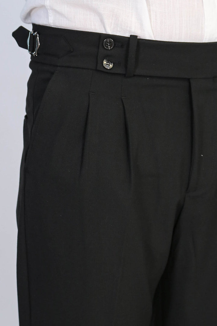 WSS Black Double Pleated Buckled High Waist Slim Fit Trousers  - Pervomaisk