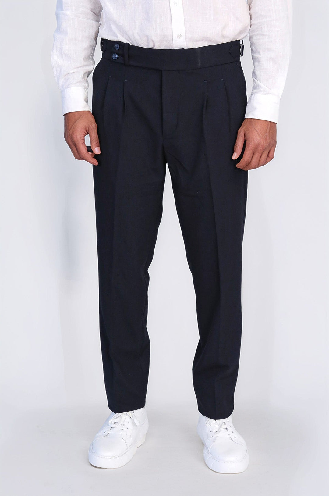 WSS Navy Blue Double Pleated Buckled High Waist Slim Fit Trousers  - Yonkers