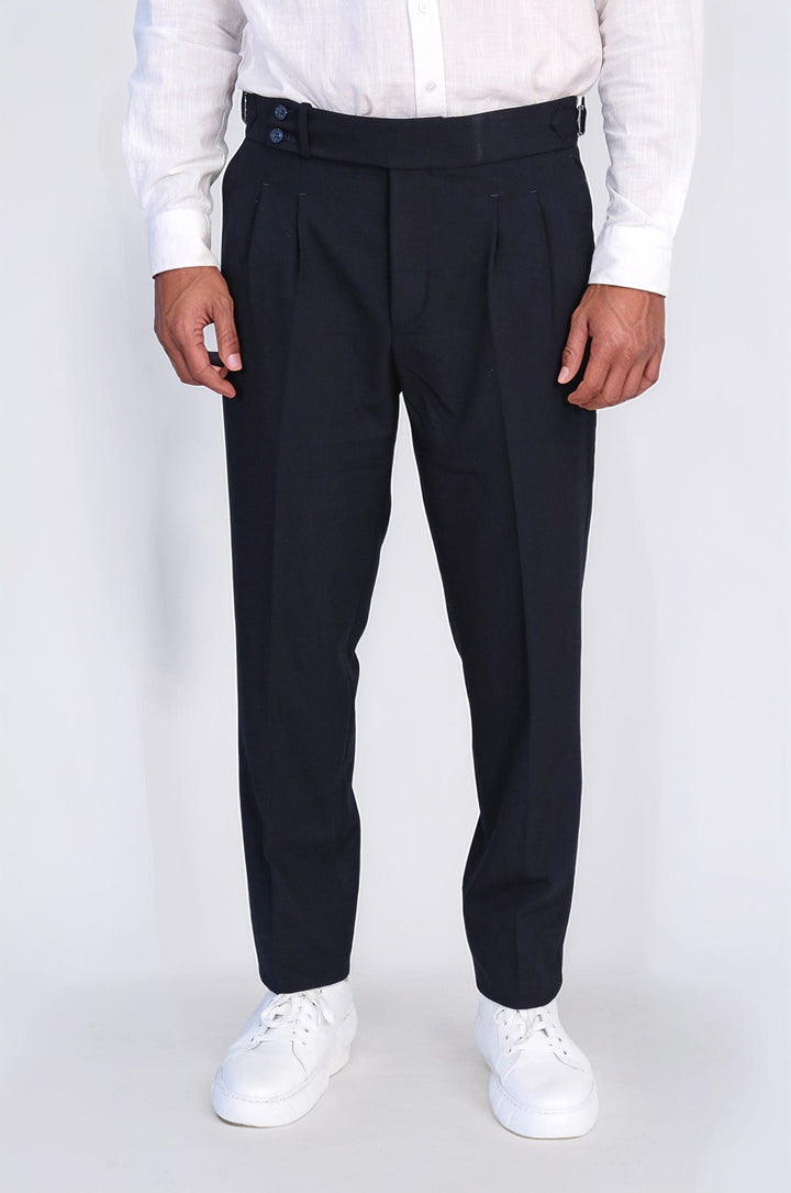WSS Navy Blue Double Pleated Buckled High Waist Slim Fit Trousers  - Yonkers