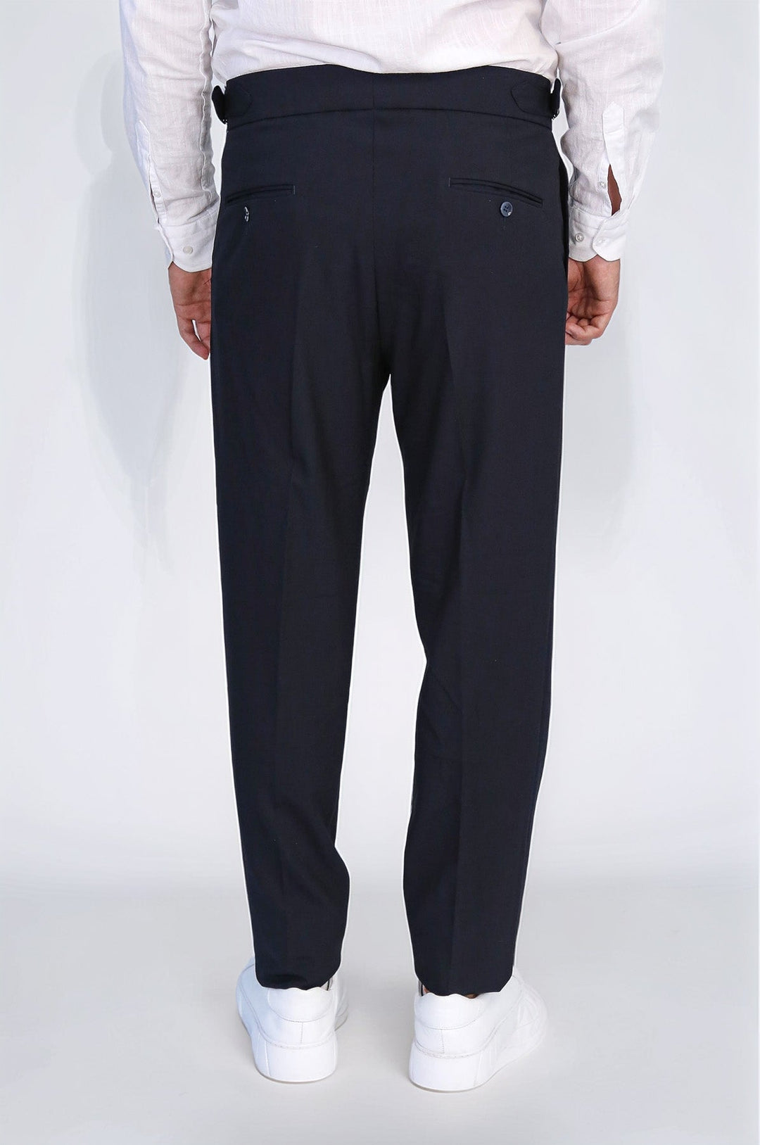 WSS Navy Blue Double Pleated Buckled High Waist Slim Fit Trousers  - Yonkers