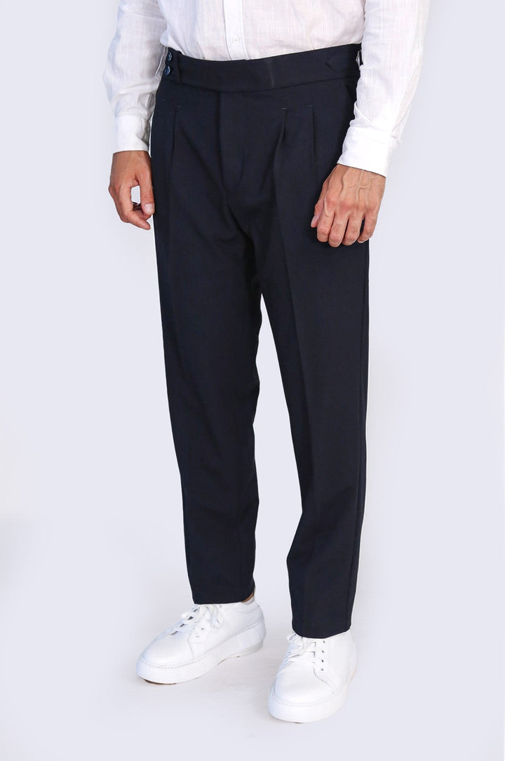 WSS Navy Blue Double Pleated Buckled High Waist Slim Fit Trousers  - Yonkers
