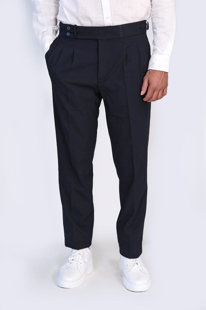 WSS Navy Blue Double Pleated Buckled High Waist Slim Fit Trousers  - Yonkers