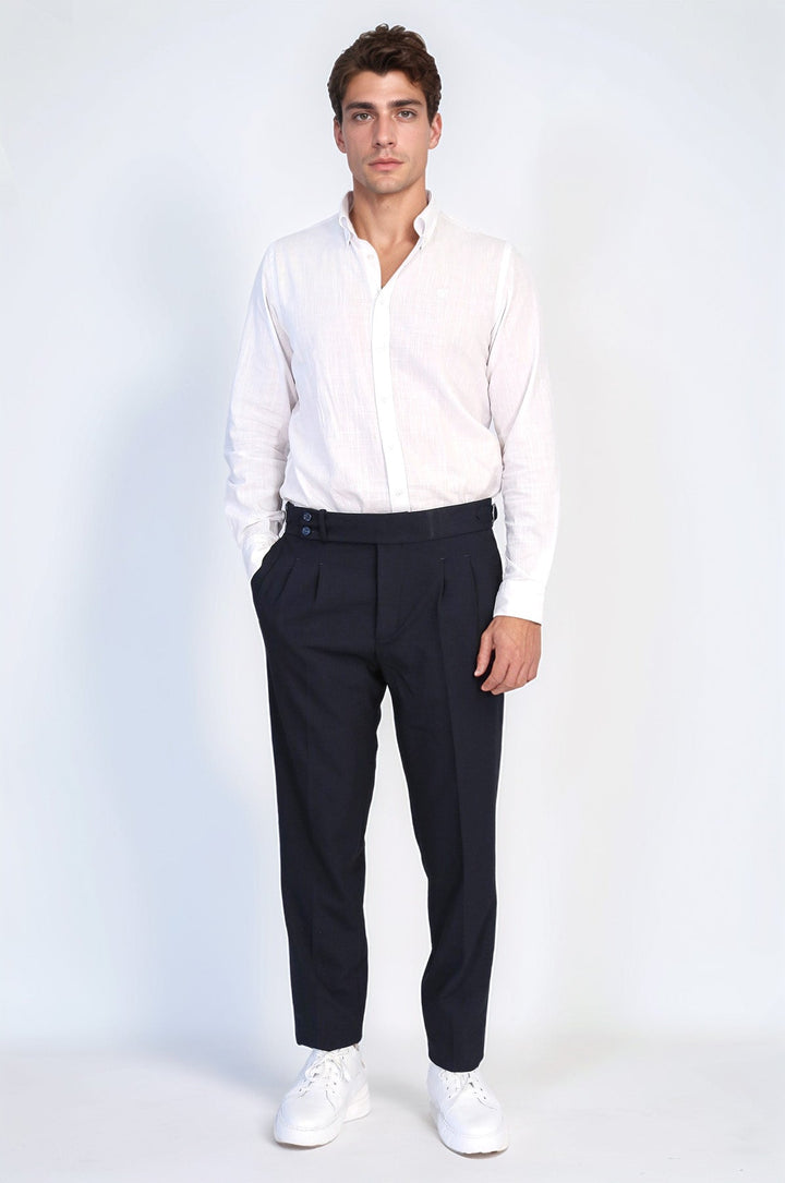 WSS Navy Blue Double Pleated Buckled High Waist Slim Fit Trousers  - Yonkers
