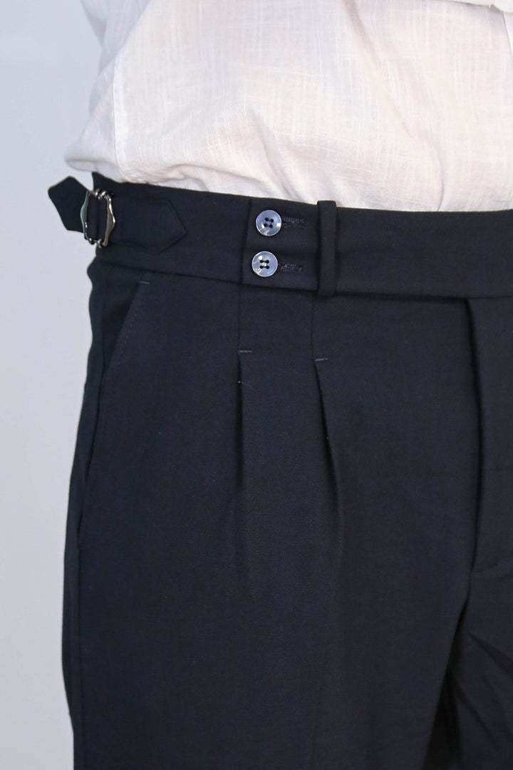WSS Navy Blue Double Pleated Buckled High Waist Slim Fit Trousers  - Yonkers