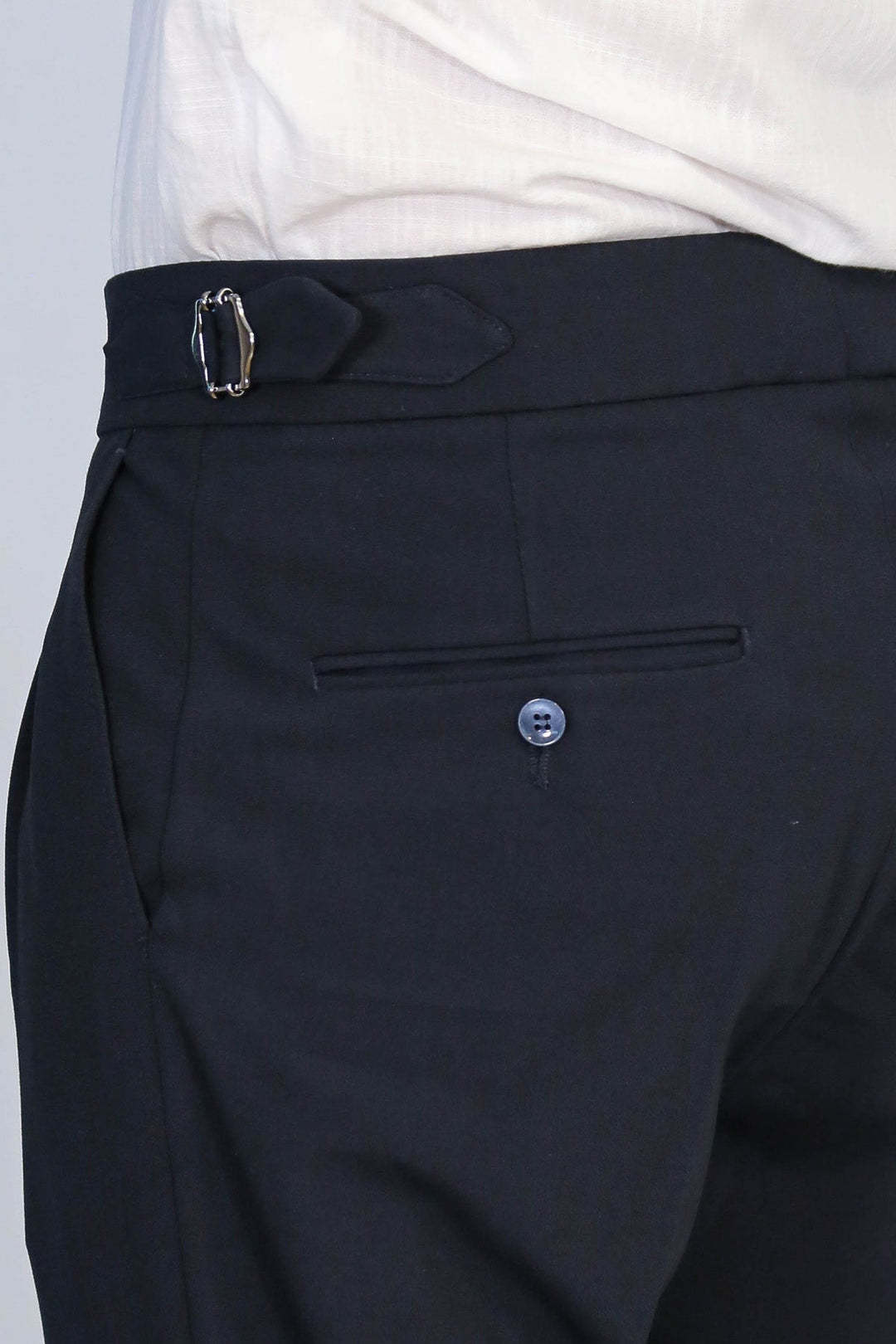 WSS Navy Blue Double Pleated Buckled High Waist Slim Fit Trousers  - Yonkers