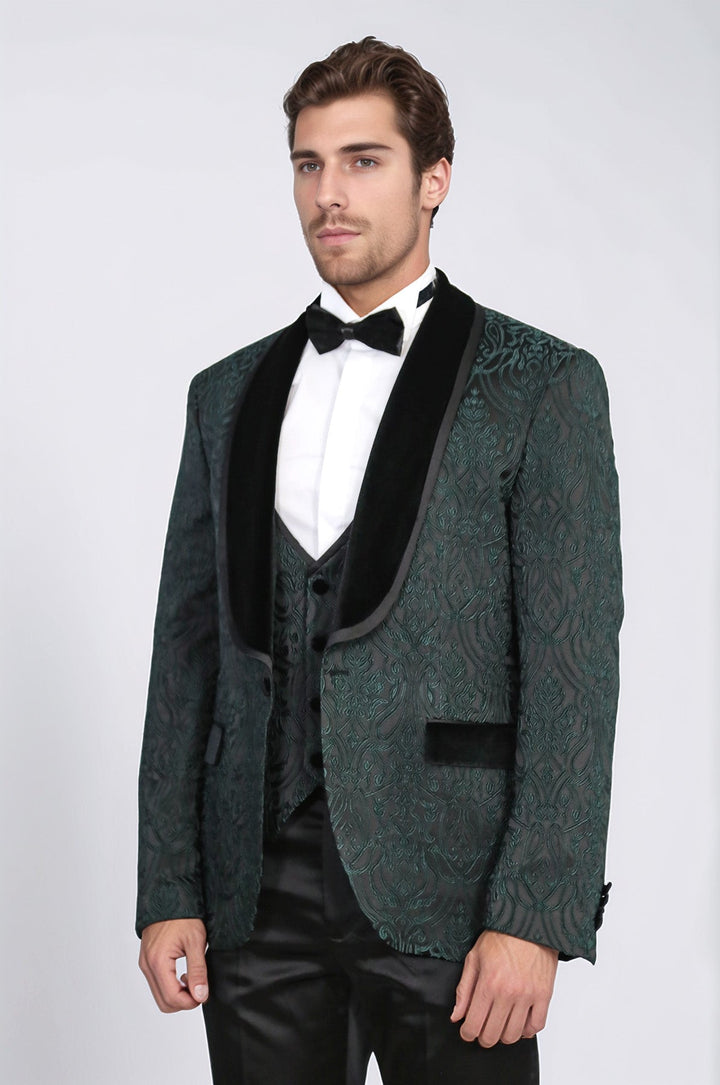 WSS Baroque Patterned Velvet Shawl Collar Vested Green Tuxedo  - Claremont