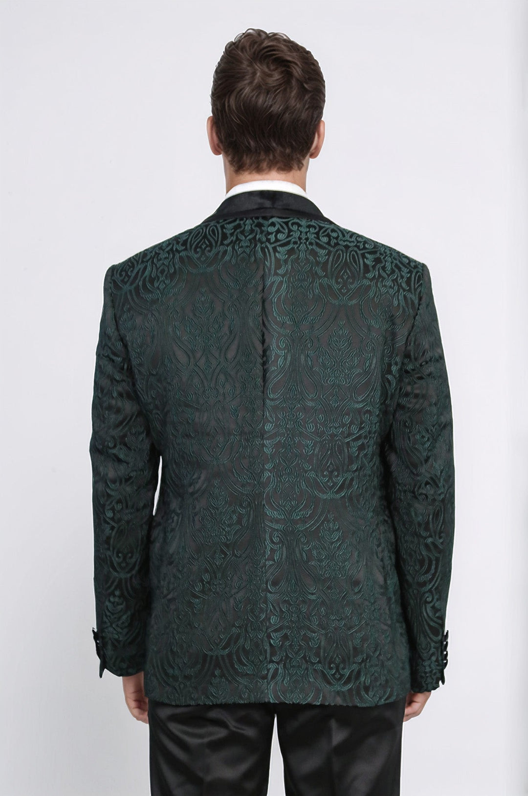 WSS Baroque Patterned Velvet Shawl Collar Vested Green Tuxedo  - Claremont