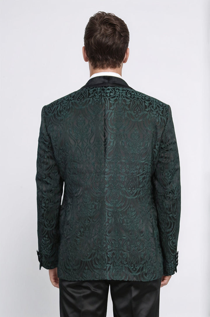 WSS Baroque Patterned Velvet Shawl Collar Vested Green Tuxedo  - Claremont