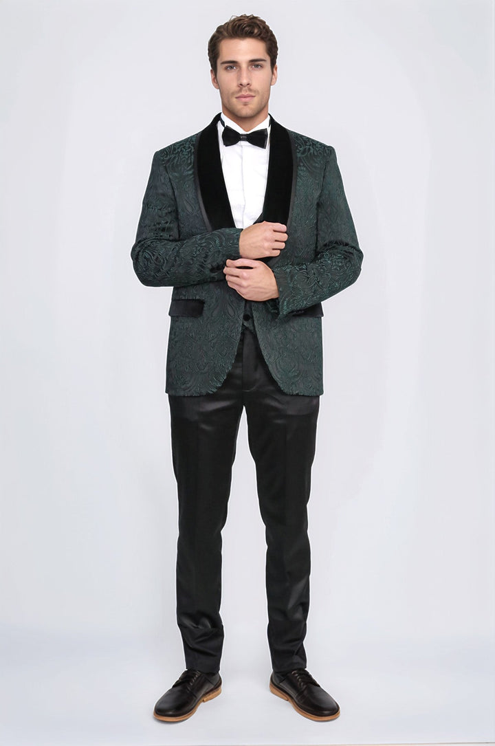 WSS Baroque Patterned Velvet Shawl Collar Vested Green Tuxedo  - Claremont