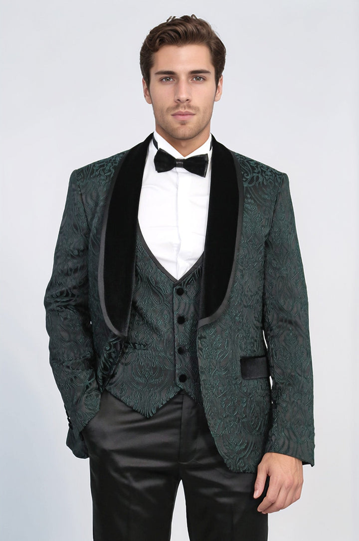 WSS Baroque Patterned Velvet Shawl Collar Vested Green Tuxedo  - Claremont