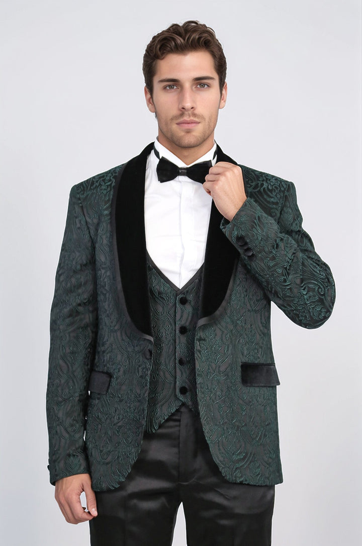 WSS Baroque Patterned Velvet Shawl Collar Vested Green Tuxedo  - Claremont