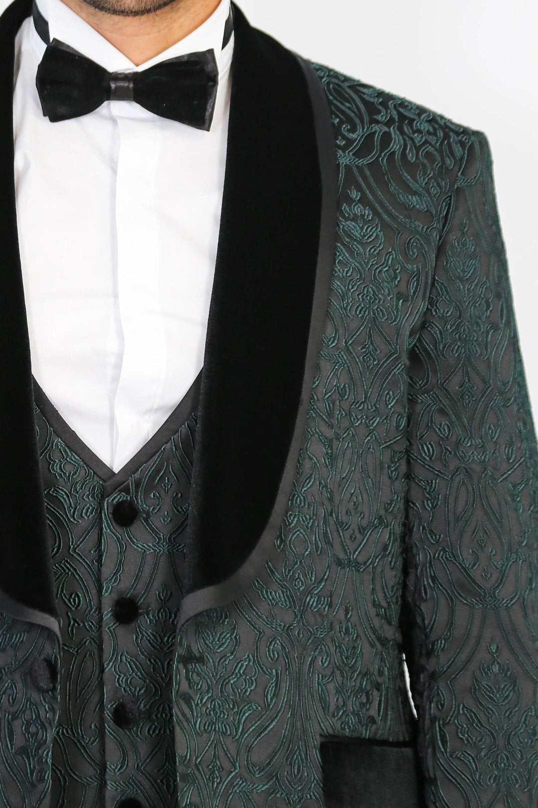 WSS Baroque Patterned Velvet Shawl Collar Vested Green Tuxedo  - Claremont