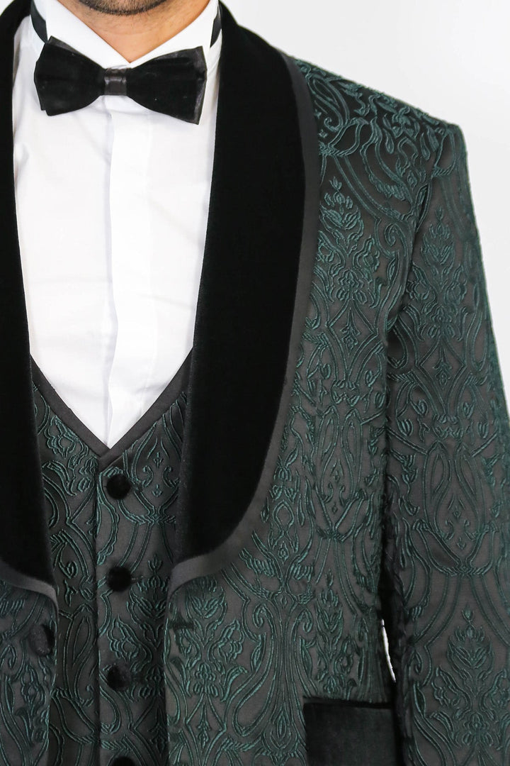 WSS Baroque Patterned Velvet Shawl Collar Vested Green Tuxedo  - Claremont
