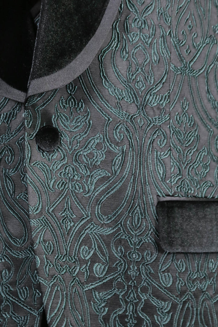 WSS Baroque Patterned Velvet Shawl Collar Vested Green Tuxedo  - Claremont